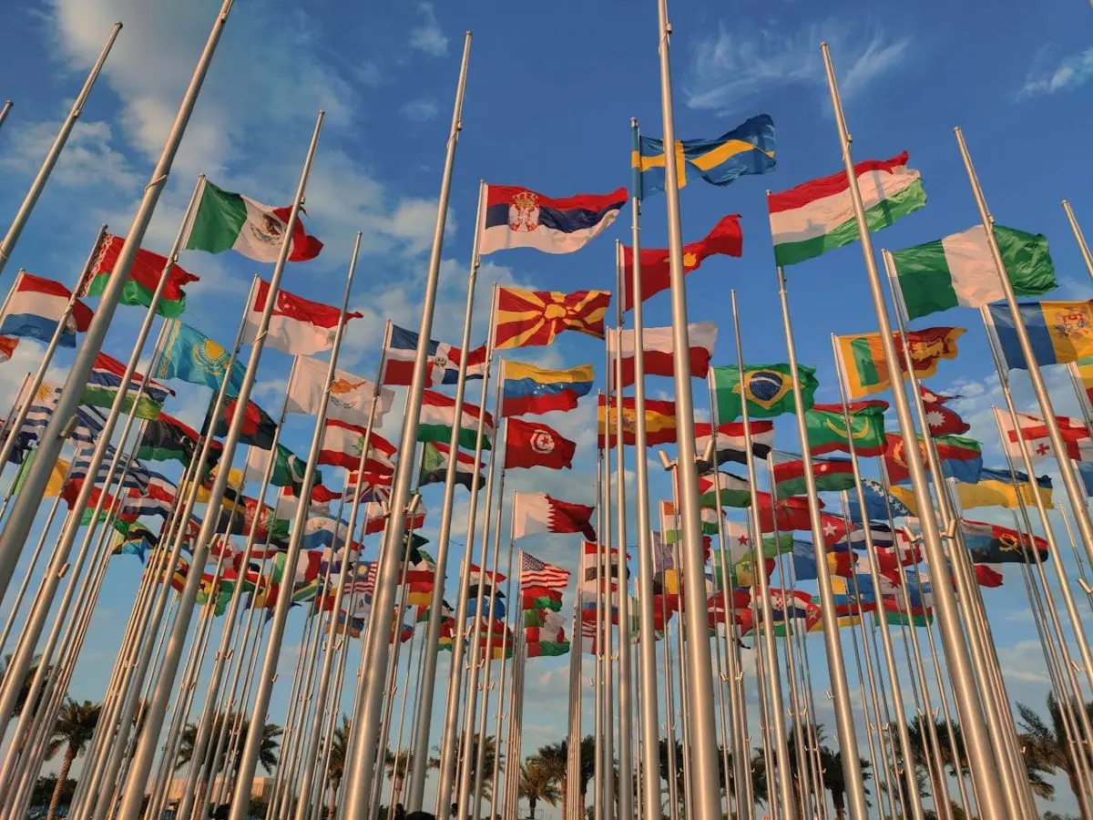Tipos de banderas del mundo colgadas en lo alto representando diferentes países y culturas internacionales